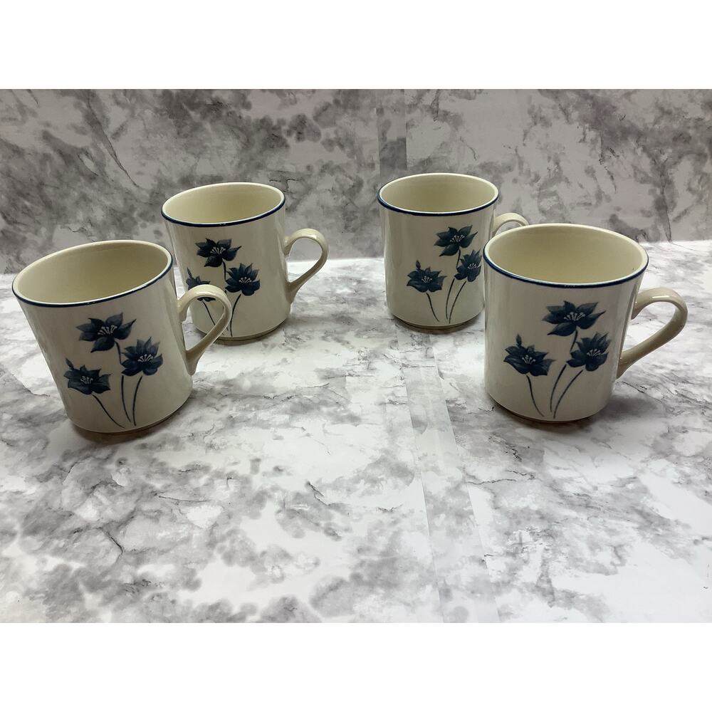 Vintage Permastone Joy Blue Stoneware Mugs - Set of 4 -  10 oz Mugs - Japan -
